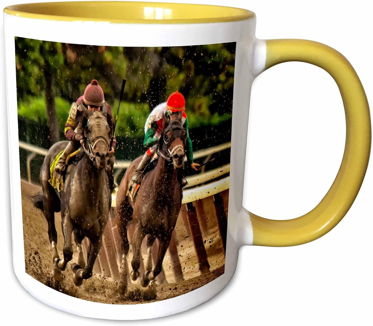 Two Horses & Jockeys Racing To Finish Line Ceramic Mug