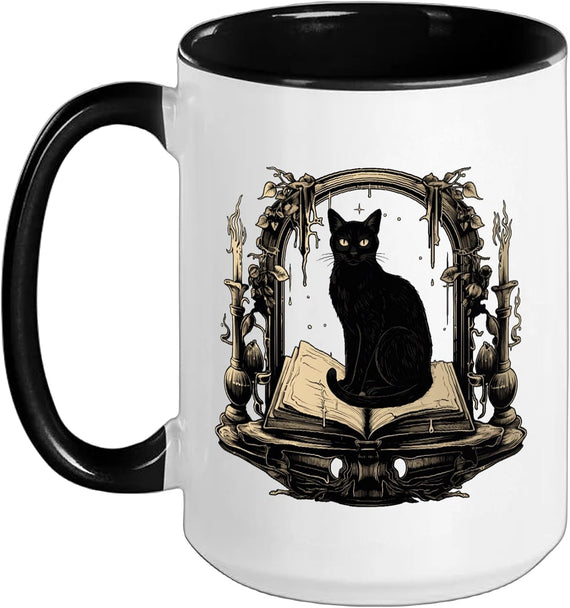 Dark Cat On Grimoire Gothic Arch Design Halloween Ceramic Mug