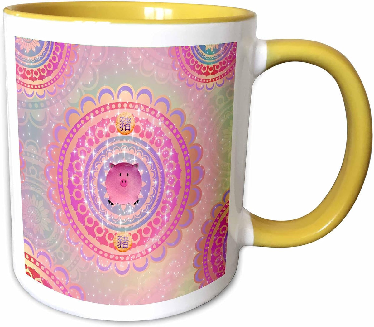 Cute Fat Pink Pig On Round Scalloped Deign Ceramic Mug