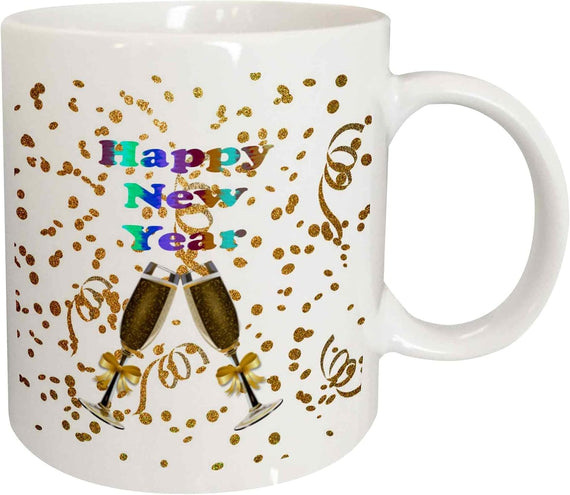 Gold Glitter With Champagne Glasses Says Happy New Year Ceramic Mug