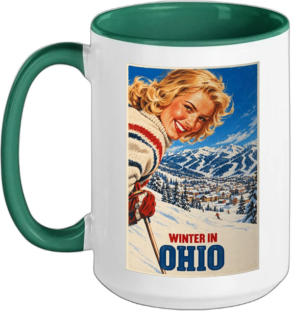 Winter in Ohio Funny Vintage Ski Poster Style Ceramic Mug