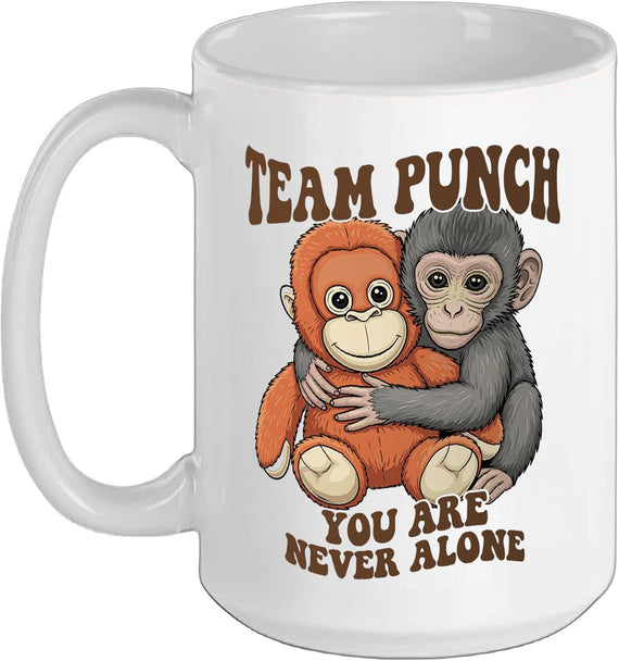 Team Punch Baby Monkey Hugging Orange Plush Groovy Design Ceramic Mug