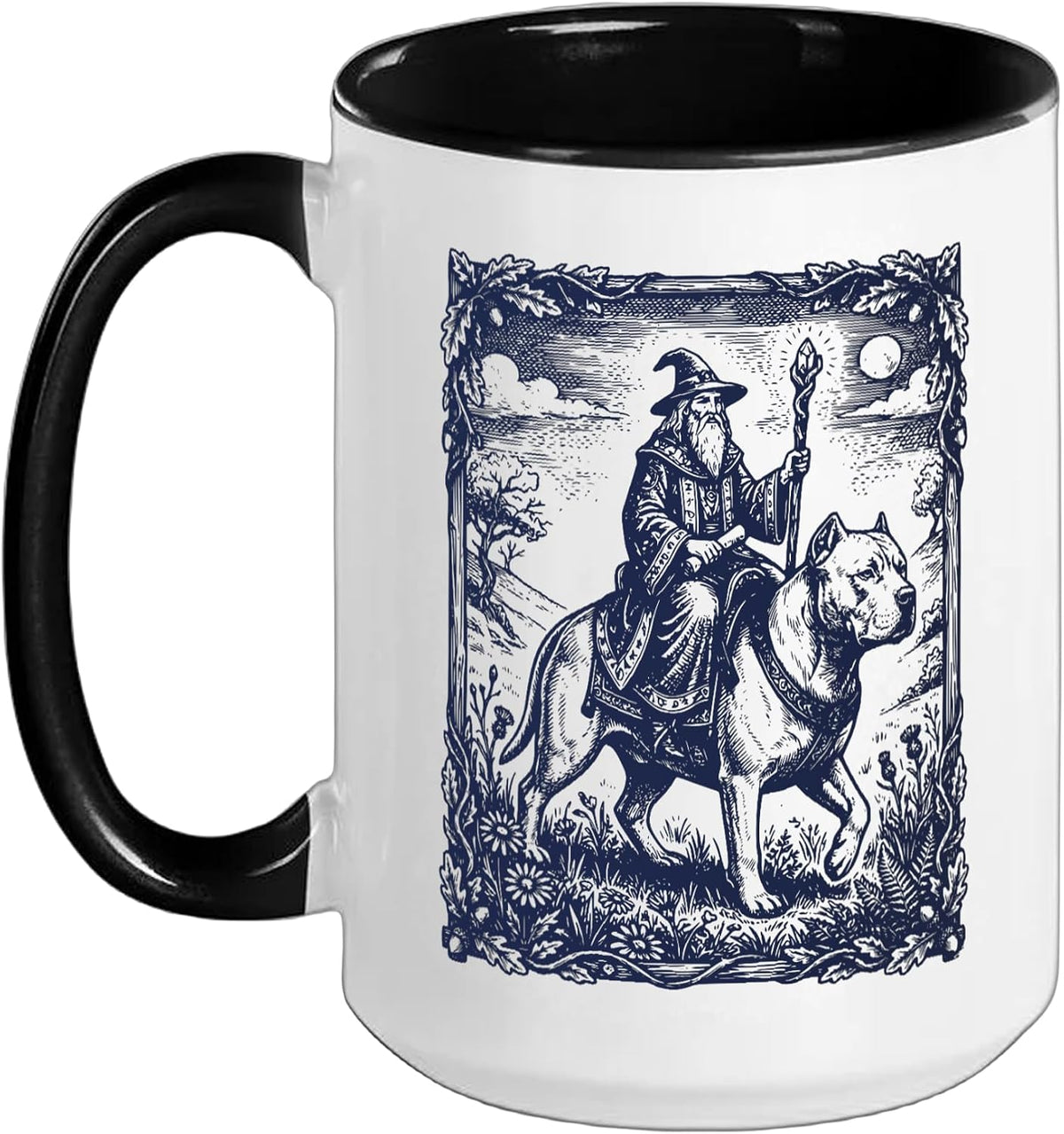 Wizard Riding Dog Pitbull Fantasy Engraving Style Art Ceramic Mug