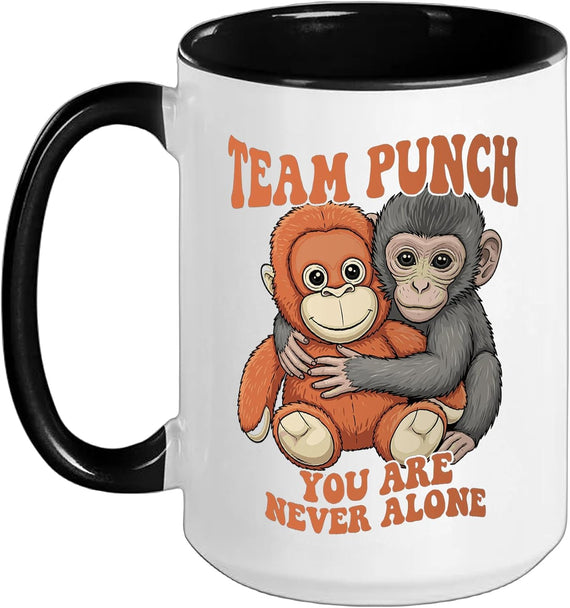 Team Punch Baby Monkey Hugging Orange Plush Groovy Design Ceramic Mug