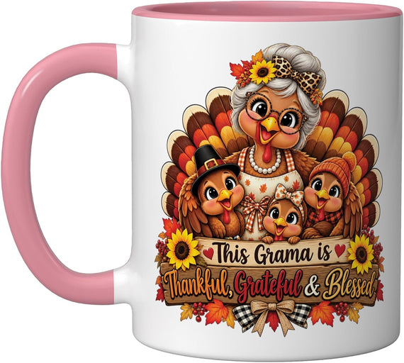 Thanksgiving Grandma Turkey Thankful Grateful Blessed Ceramic Mug
