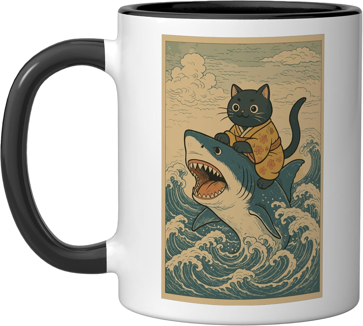 Cat Riding Shark Japanese Wave Art Ceramic Mug