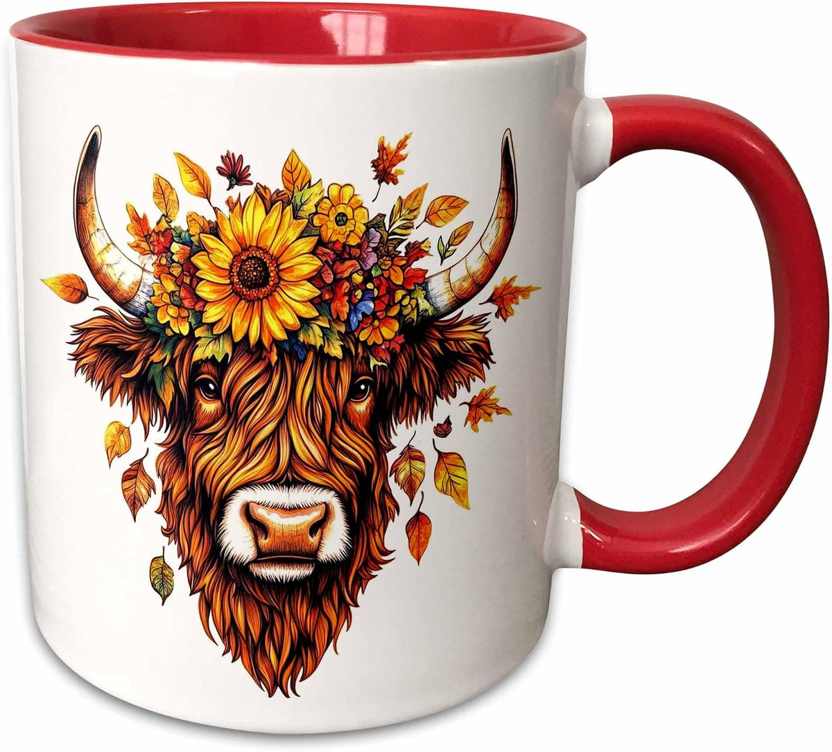 Pretty Floral Highland Cow Face Illustration Ceramic Mug