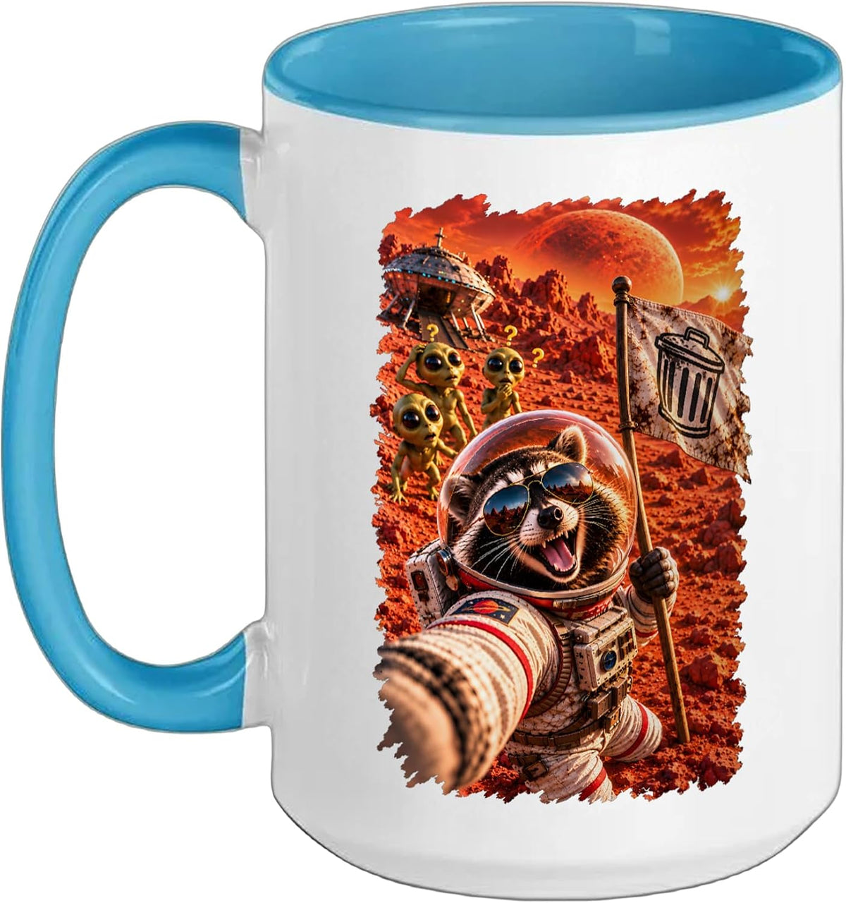 Raccoon Astronaut Selfie On Mars With Aliens Ceramic Mug