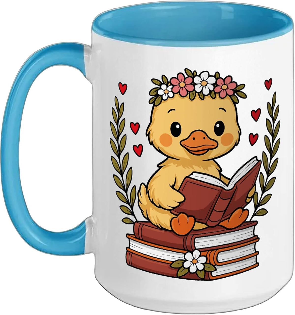 Duck Reading Book Graphic Duck With Book Floral Ceramic Mug