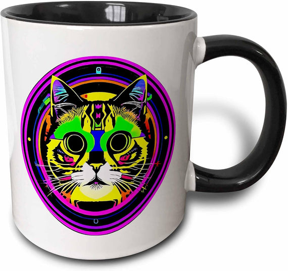 Abstract Yellow & Green Cat Face, Round Ceramic Mug