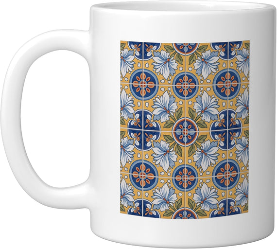Mexican Talavera Tapalpa Tile Pattern Design, White Ceramic Mug
