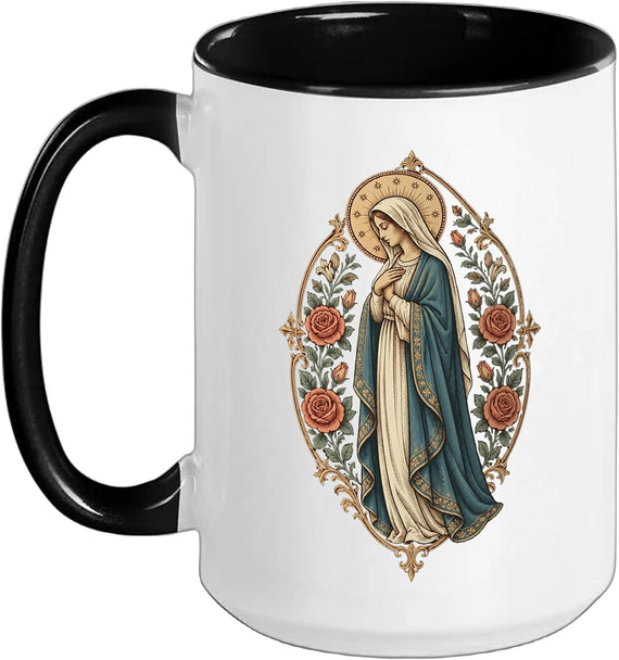 Vintage Virgin Mary Floral Catholic Prayer Ceramic Mug