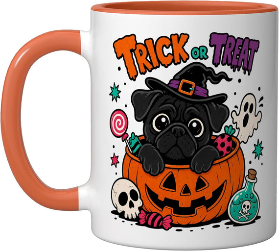 Trick Or Treat Black Pug Witch Halloween Pumpkin Dog Ceramic Mug