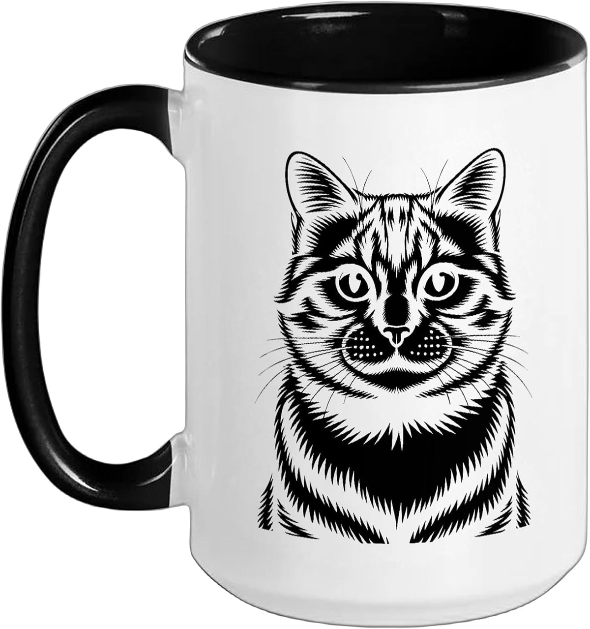 Black White Linocut Tabby Cat Ceramic Mug
