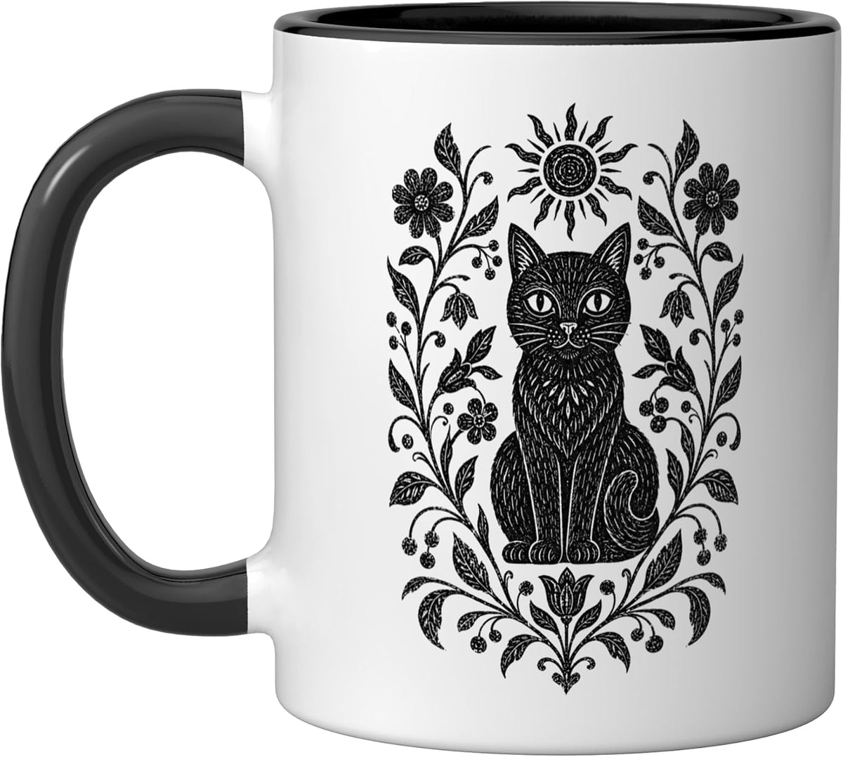 Black Cat Folk Art Linocut Ceramic Mug