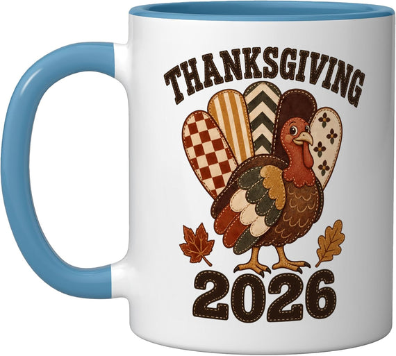 Thanksgiving Turkey Patchwork Fall Checkered Leaves Ceramic Mug
