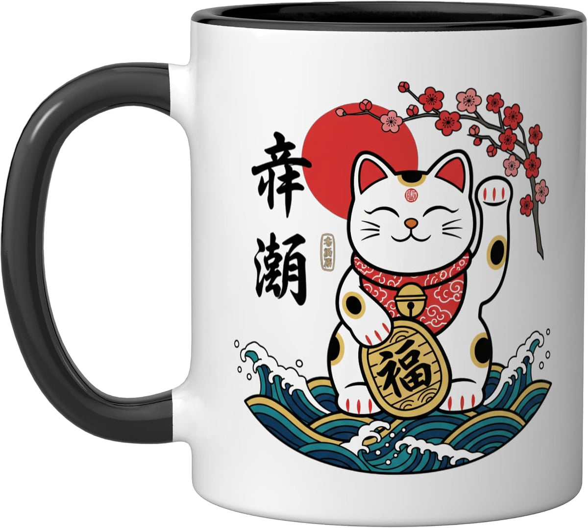 Cat Japanese Lucky Maneki Cat, Lucky Cat With & Bloss Ceramic Mug