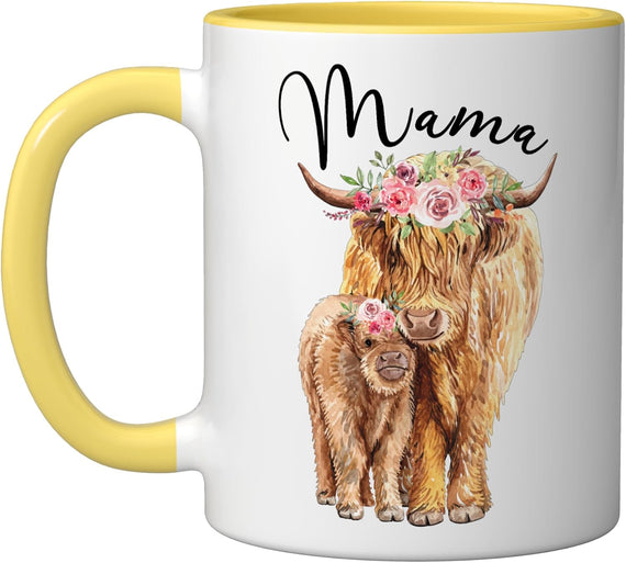 Mama Highland Cow With Baby Calf Floral Mothers Day Mom Ceramic Mug