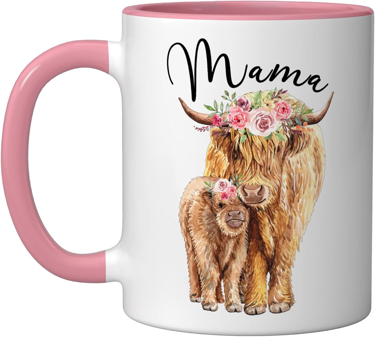 Mama Highland Cow With Baby Calf Floral Mothers Day Mom Ceramic Mug