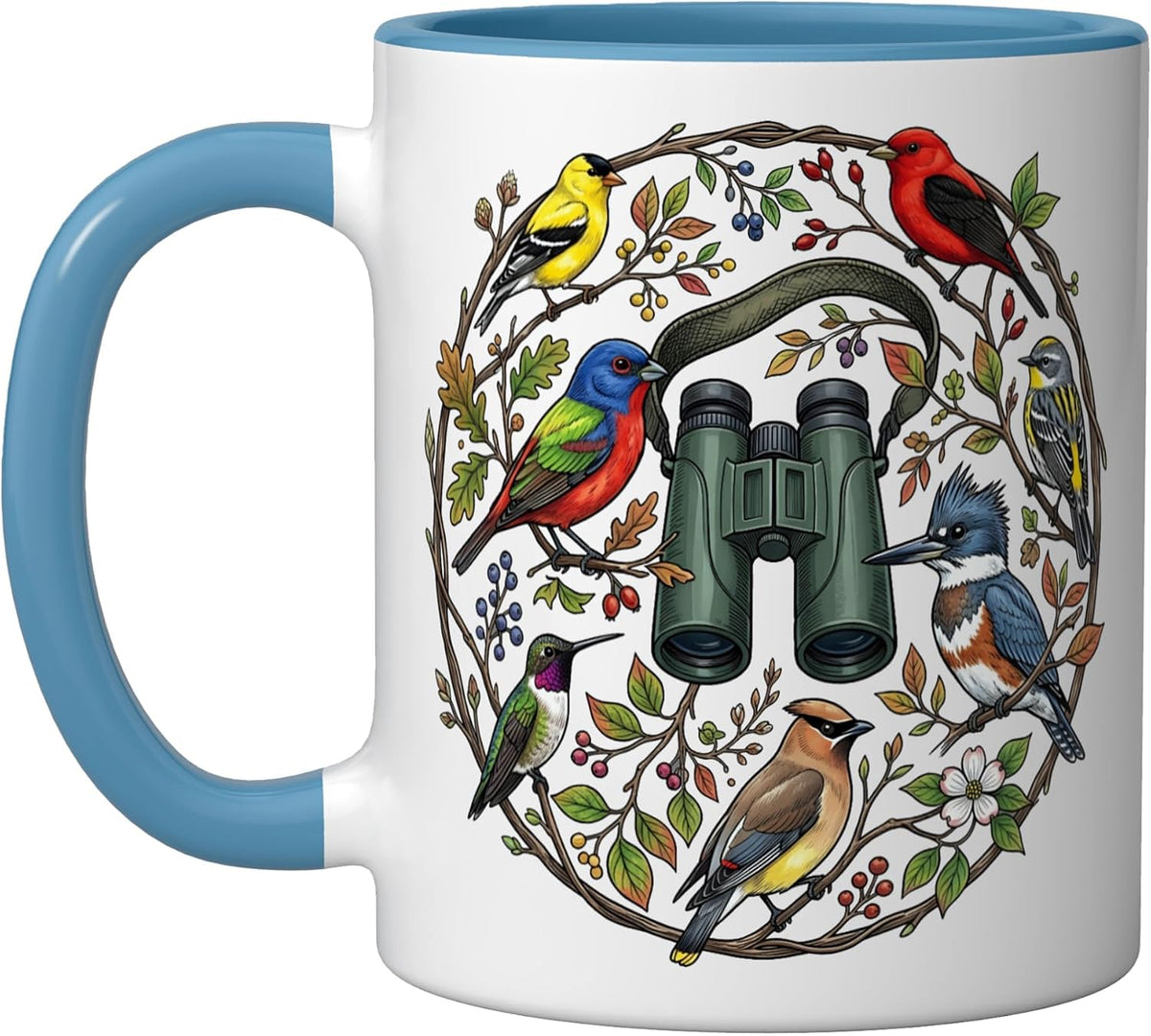 Colorful North American Songbirds And Binoculars Wreath Ceramic Mug
