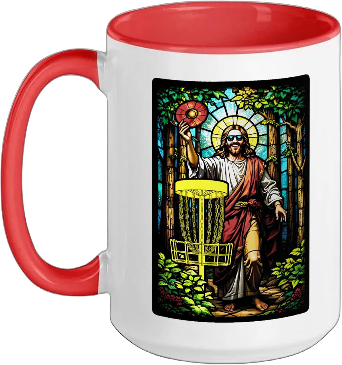 Disc Golf Jesus Christ Stained Glass Forest Basket Golfer Ceramic Mug