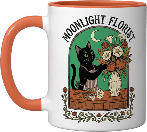Moonlight Florist Black Cat Halloween Flowers Ceramic Mug