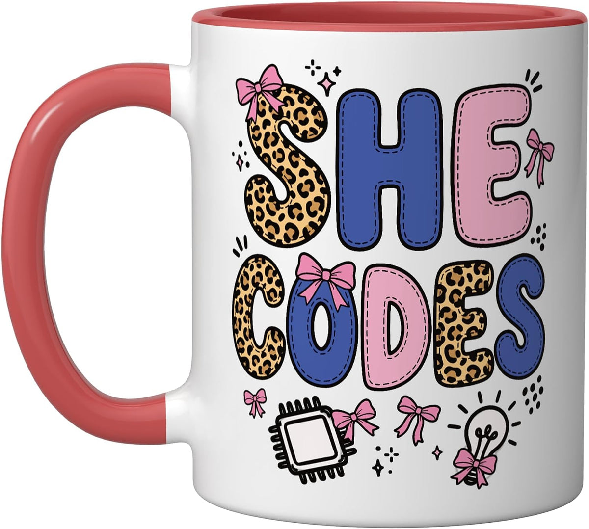 She Codes Computer Science Leopard Bow Tech Coquette Girl Ceramic Mug