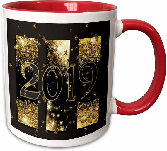 2019, New Years, Gold & Brown With Stars Ceramic Mug