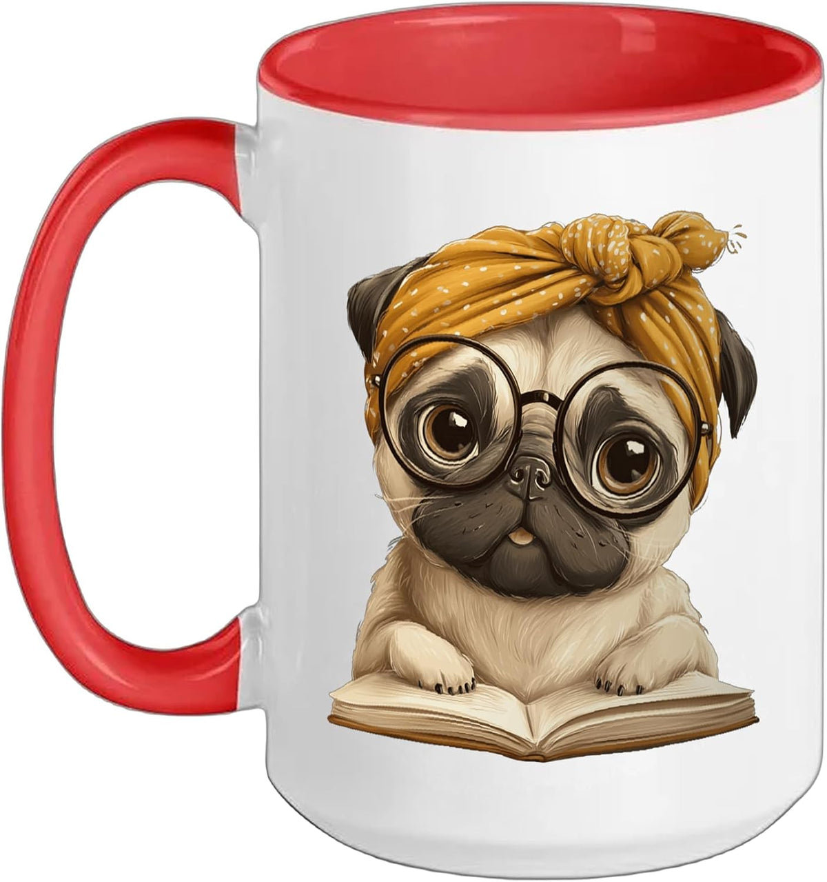 Pug Open Book Reading Dog Lover Graphic Portrait Round Ceramic Mug