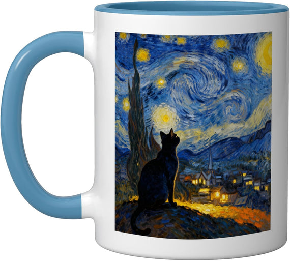 Funny Black Cat Graphic Van Gogh Cat Style Starry Night Fall Mug