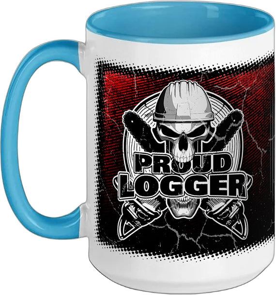 Proud Logger Logging Skull Crossed Lumberjack Chainsaws Ceramic Mug