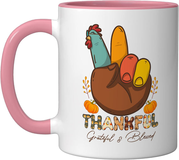 Thankful Grateful Blessed Turkey Peace Sign Thanksgiving Ceramic Mug