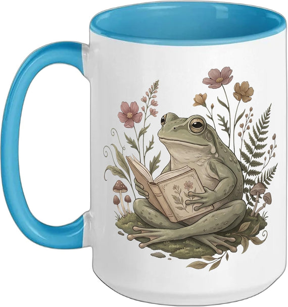 Frog Reading Book Lover Cottagecore Mushroom Vintage Ceramic Mug