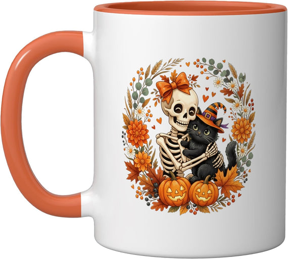 Skeleton Holding Cat Halloween Costume Spooky Season Ceramic Mug