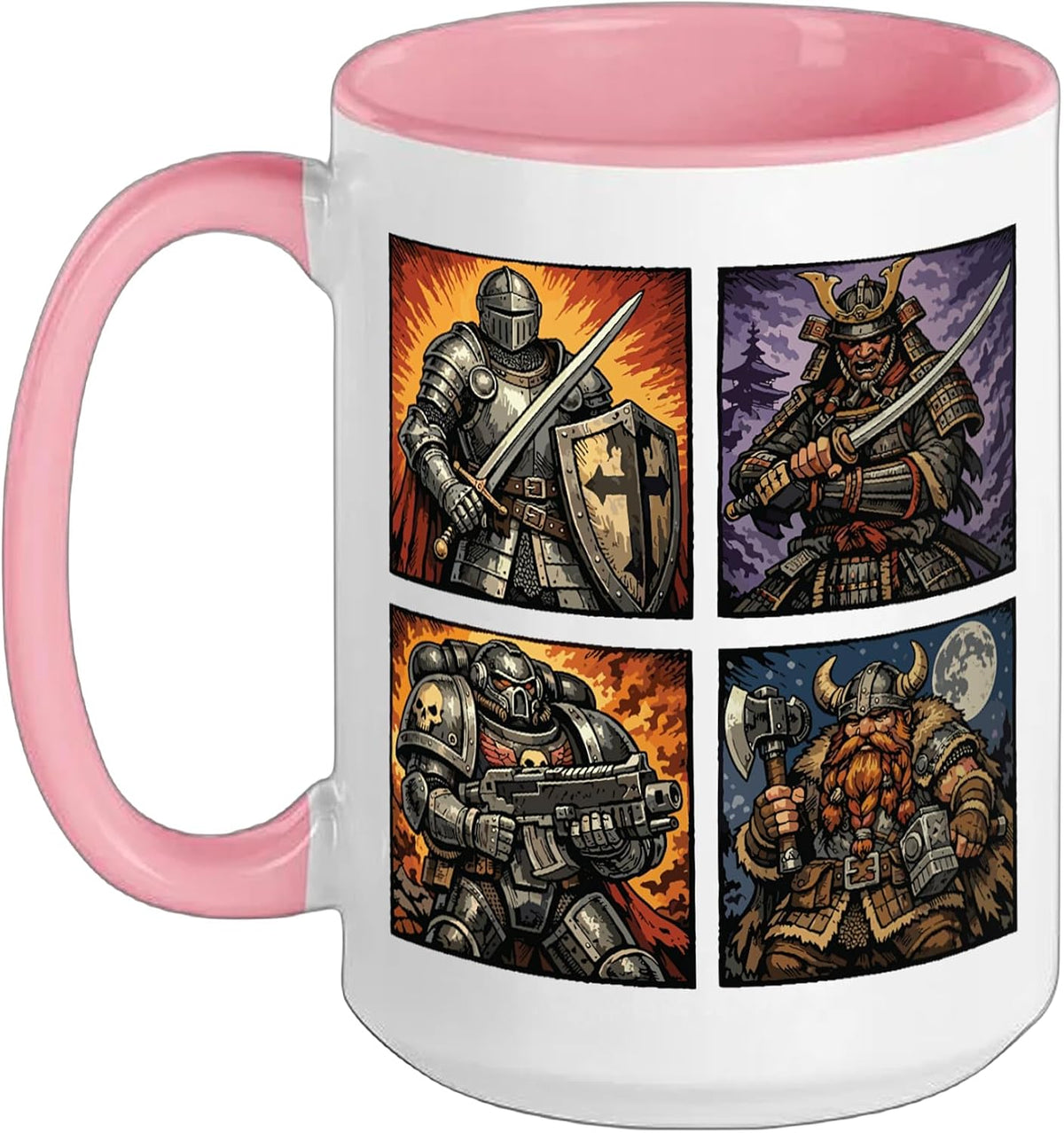 Fantasy Warriors Knight Samurai Four Panel Art Ceramic Mug