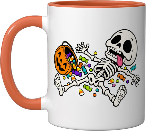Silly Skeleton Spilling Candy Bucket Ceramic Mug