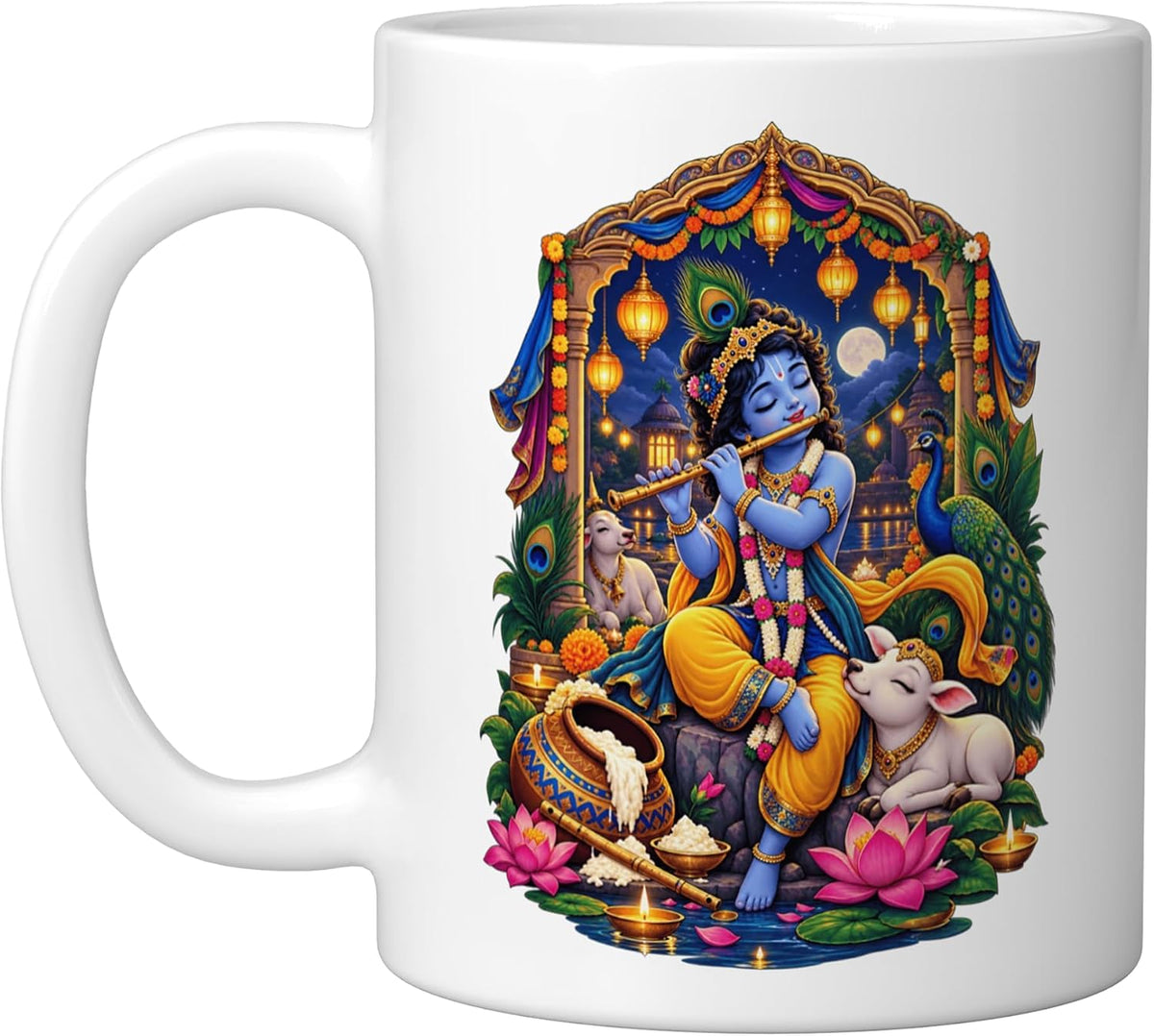 Krishna Playing Flute Peacock Lotus Hindu Art Ceramic Mug