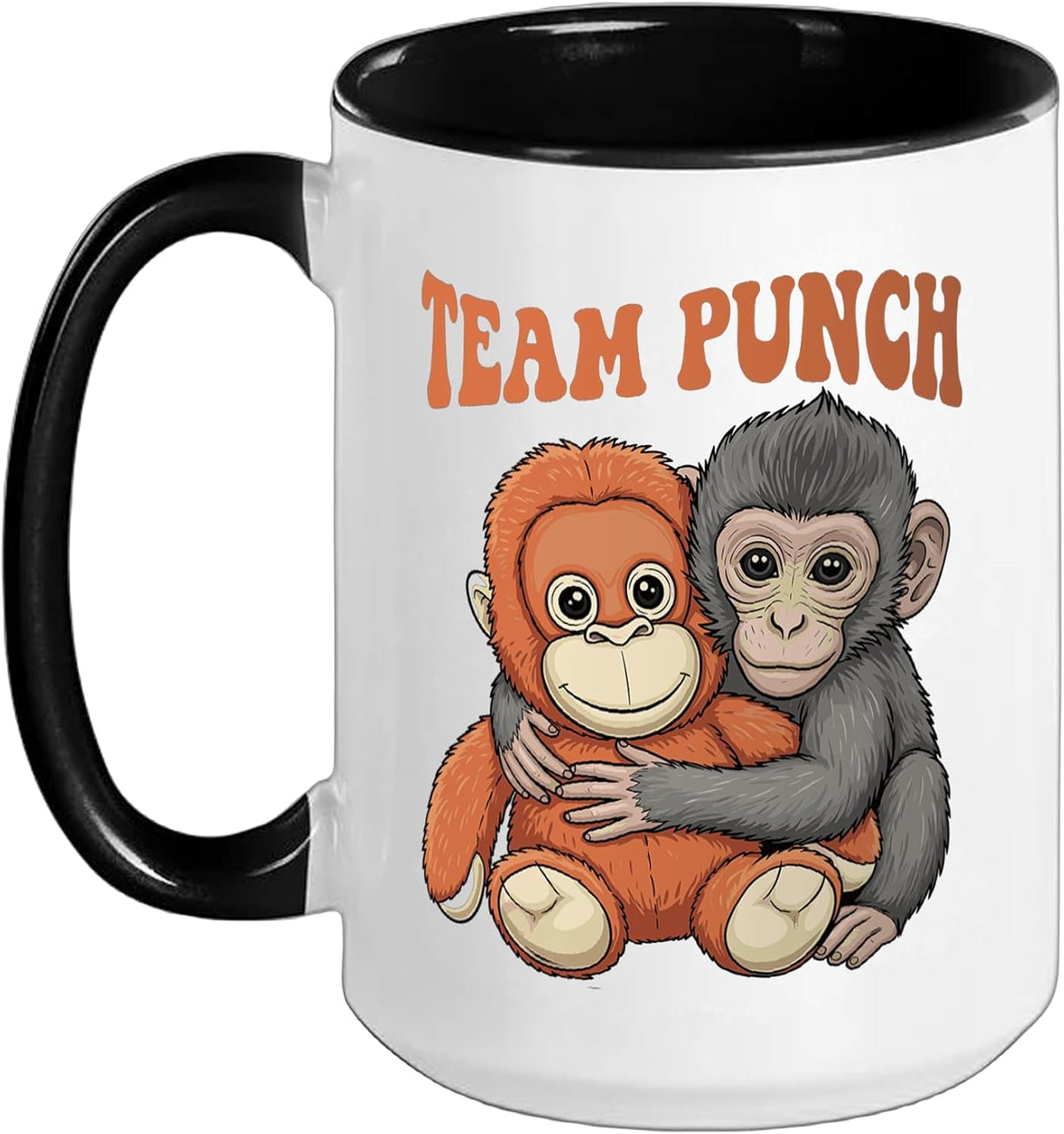 Team Punch Baby Monkey Hugging Orange Plush Groovy Design Ceramic Mug