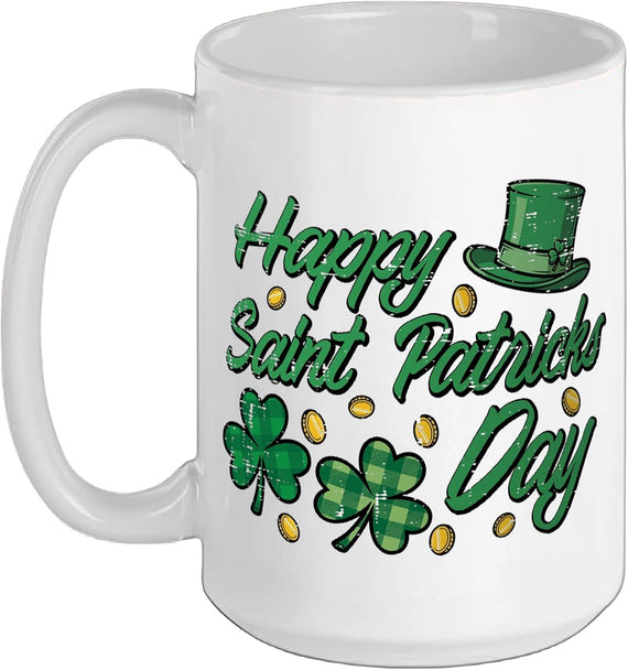 Happy Saint Patricks Day Clover Plaid St Pattys Men Women Ceramic Mug