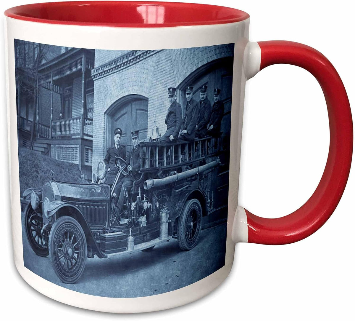 Early 1900s Pumper Fire Truck And Firemen Cyan Ceramic Mug