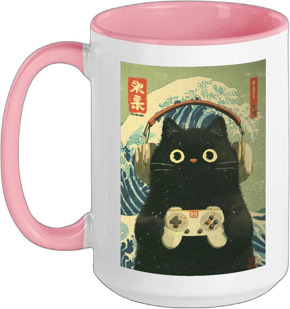 Japanese Black Gamer Cat Video Games Great Wave Cat Dad Ceramic Mug