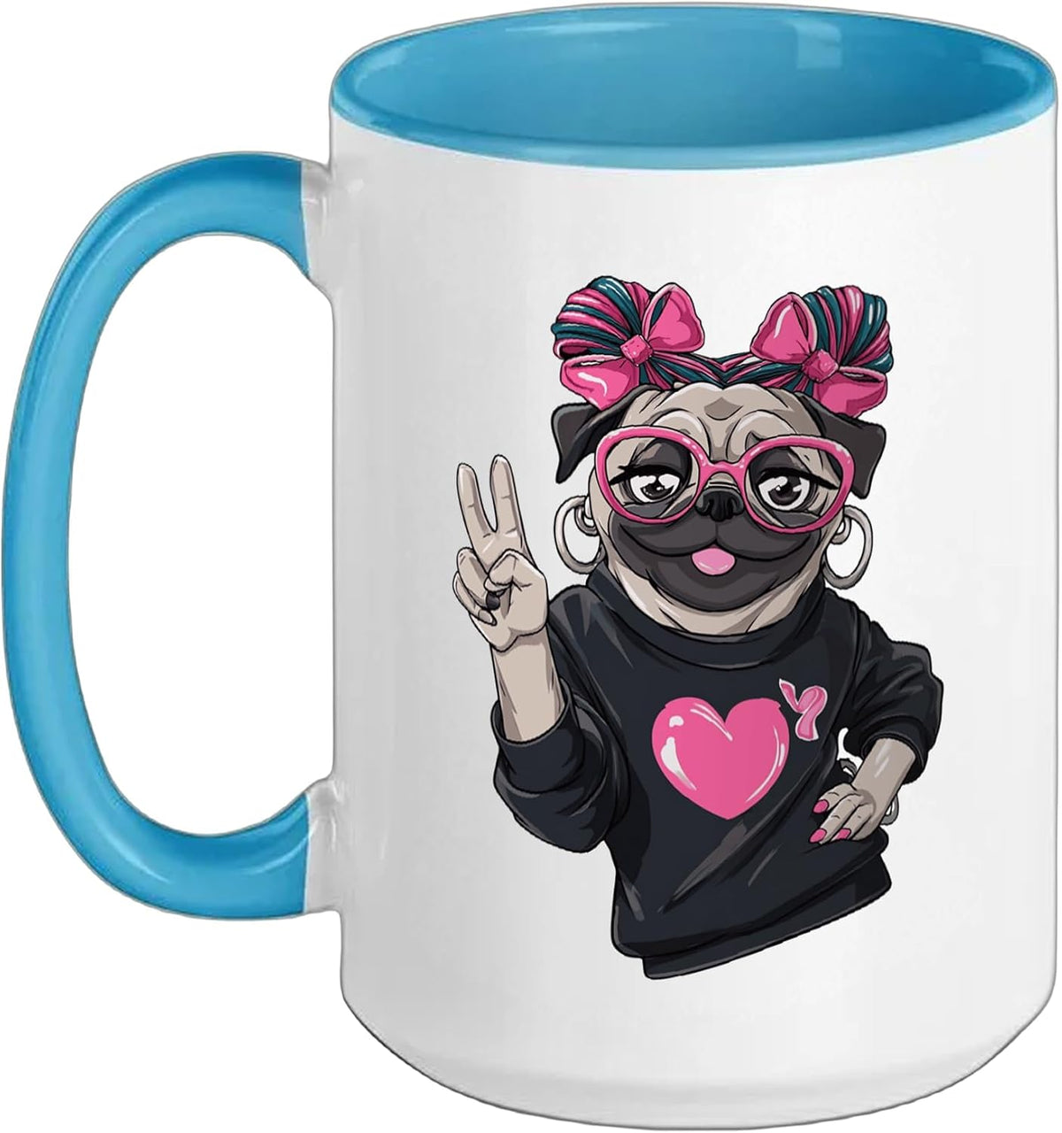 Fashionable Pug With Pink Round Glasses Bows Peace Sign Ceramic Mug