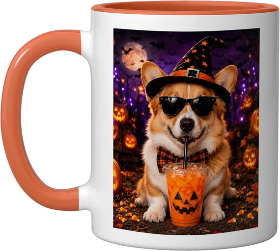 Corgi Dog Drinking Iced Coffee Funny Spooky Halloween Ceramic Mug