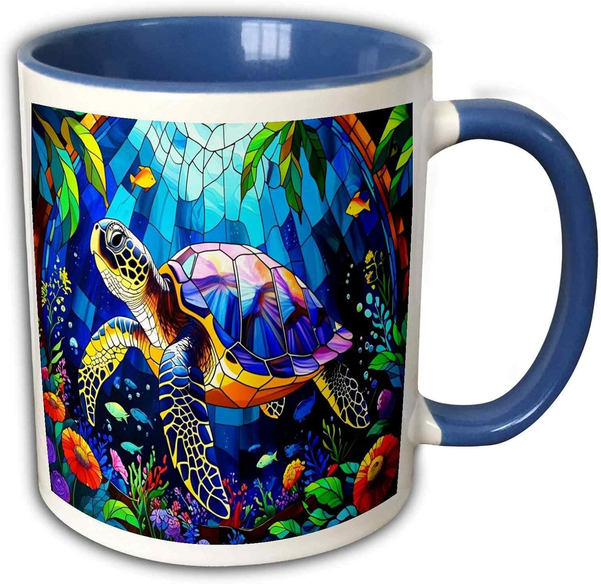 Stained Glass Turtle & Fish In Vivid Colors Ceramic Mug