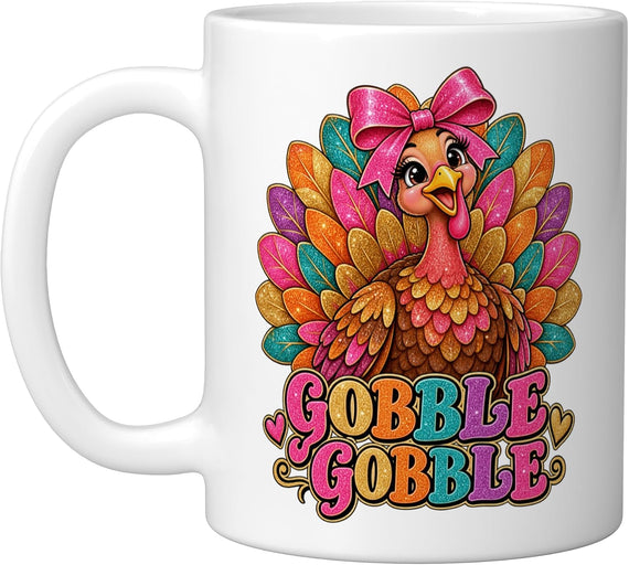 Colorful Turkey Pink Bow Thanksgiving Ceramic Mug