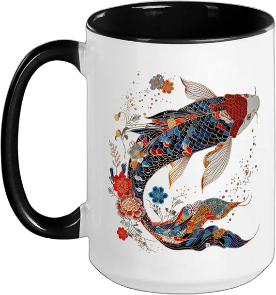 Koi Fish Vintage Flower Pattern Japanese Art Floral Koi Ceramic Mug