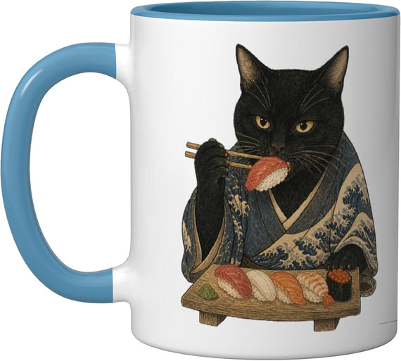 Black Cat Eating Sushi Japanese Ukiyo-E Style Kimono Fall Ceramic Mug