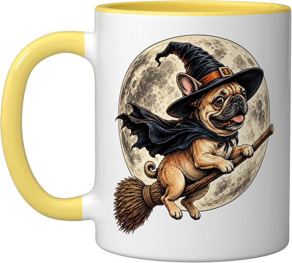 Funny Pug Witch Riding Broom Full Moon Halloween Humor Ceramic Mug