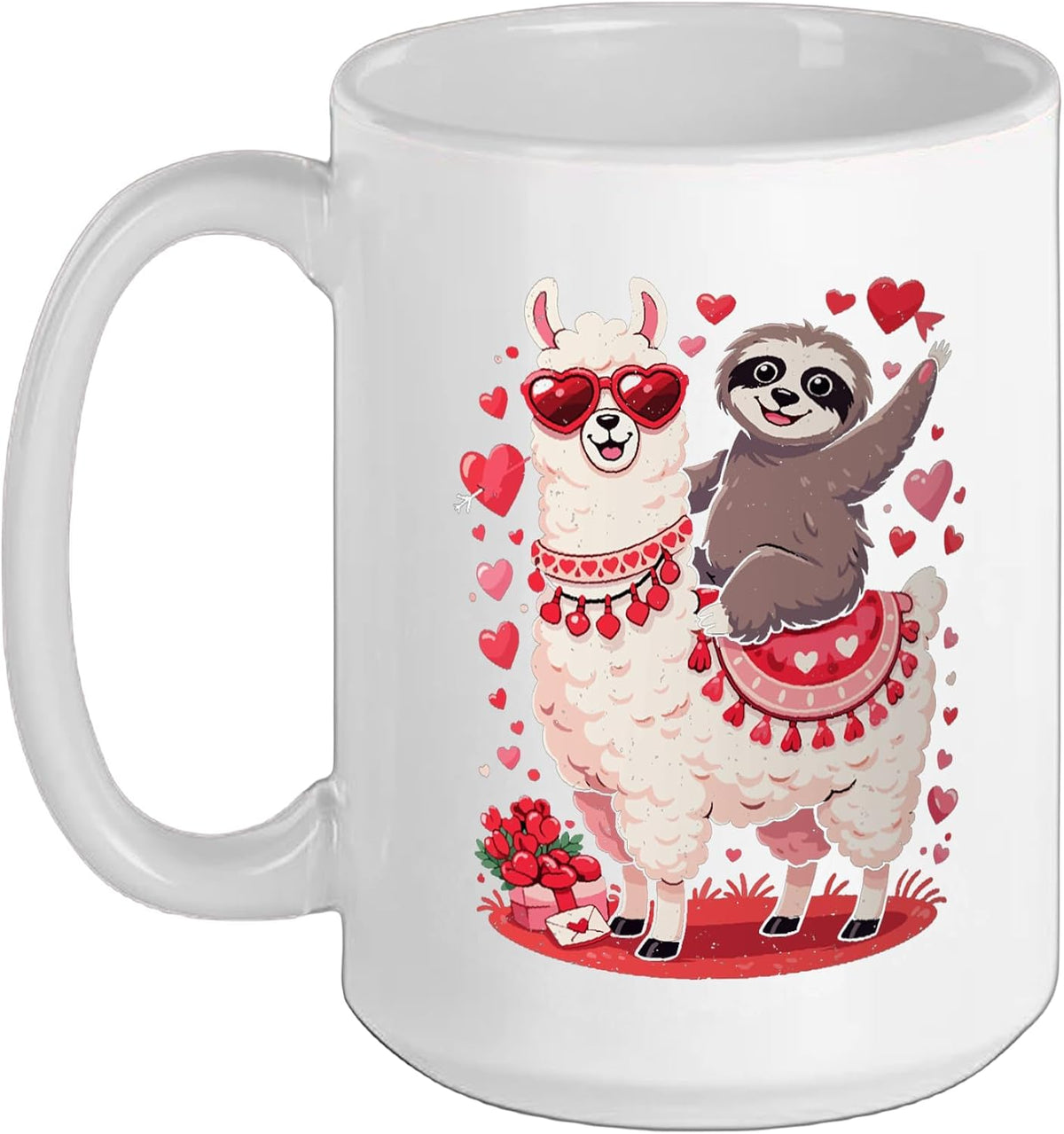 Valentines Day Sloth Riding Llama Animal Hearts Couple Ceramic Mug