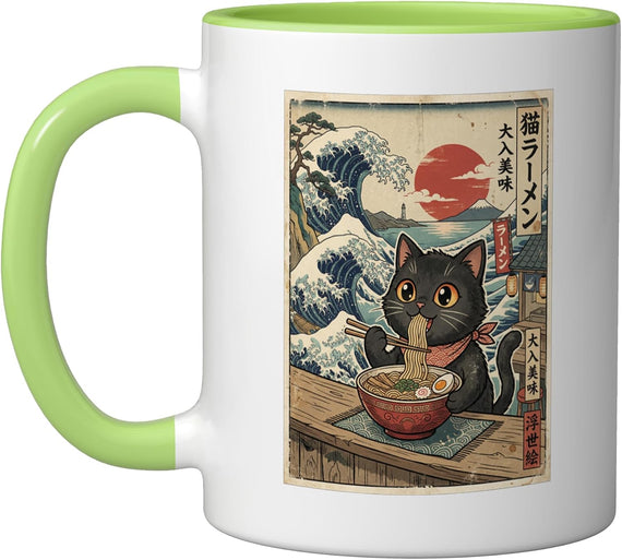 Black Cat Ramen Wave Japanese Ukiyo Art Foodie Ceramic Mug